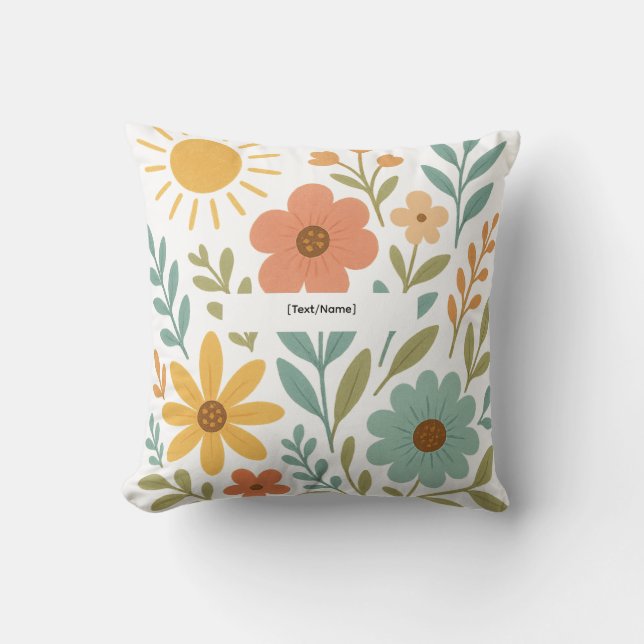 Oreiller Soleil Floral Boho | Ajouter Texte/Nom (Recto)