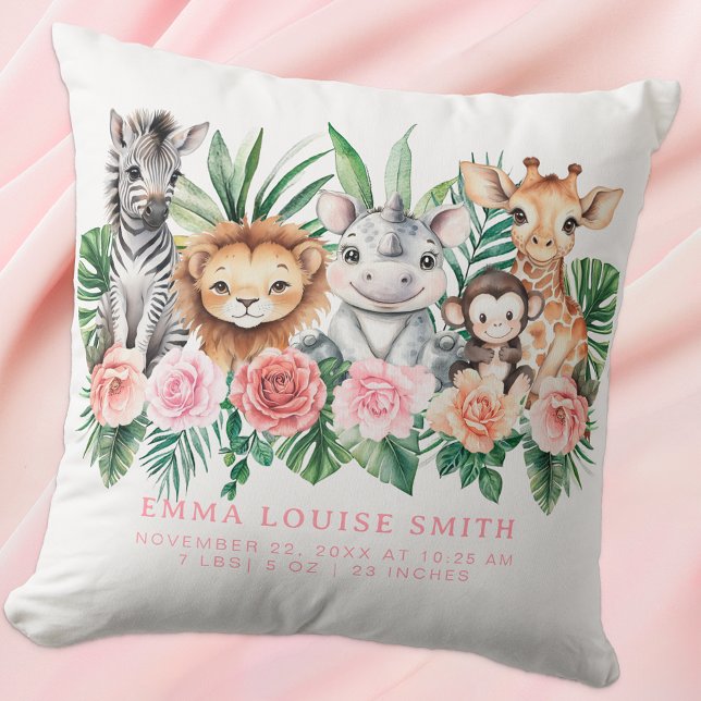 Oreiller Statistiques de Naissance Bébé Fille Anim (Cute Baby Birth Stat Pillow Keepsake)