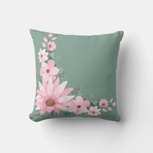 Oreiller vert de mer foncée et rose floral