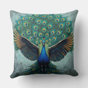 Oreiller vibrant et majestueux de paon