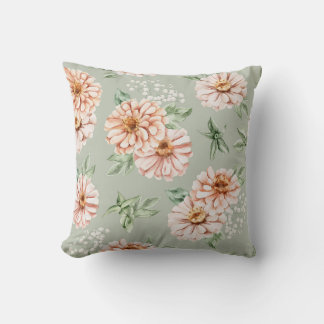 Oreiller Zinnia aquarelle vert sauge et pêche