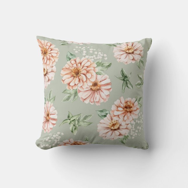 Oreiller Zinnia aquarelle vert sauge et pêche (Recto)