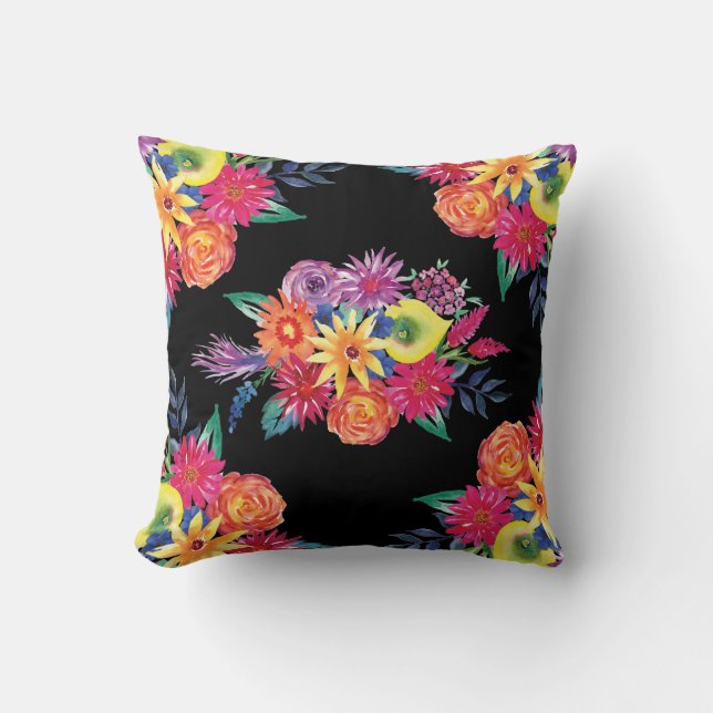 Oreillers à fleurs noirs de la Fiesta mexicaine (Recto)