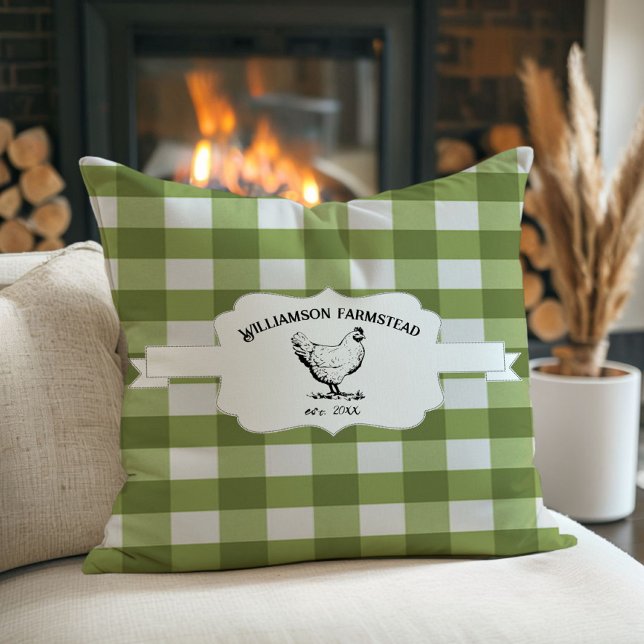 Oreillers à poulets verts Plaid Farm Buffalo (Green Buffalo Plaid Farm Chicken Throw Pillow)