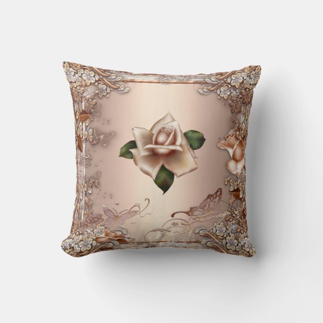 Oreillers Roses Beige Crème Or Floral (Recto)