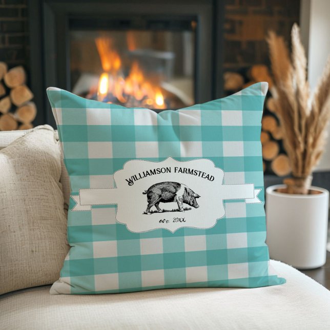 Oreillers turquoise Buffalo Plaid Farm Pig Thlow (Teal Buffalo Plaid Farm Pig Throw Pillow)