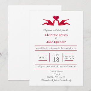 origami rouge grues invitations de mariage