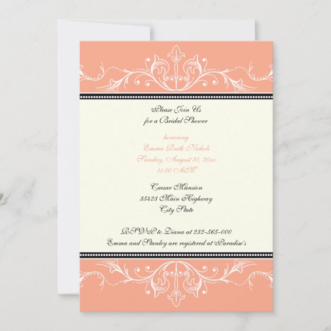 Ornamental coral white bridal shower invitation (Devant)