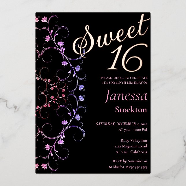 Ornate Floral Border Sweet 16 Invitation (Recto)