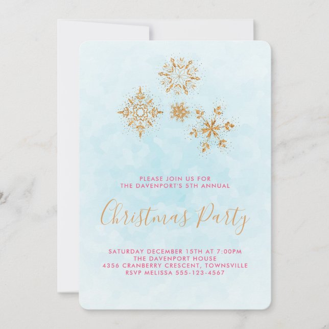 Ornate Golden Snowflakes sur Blue, Invitation fest (Devant)