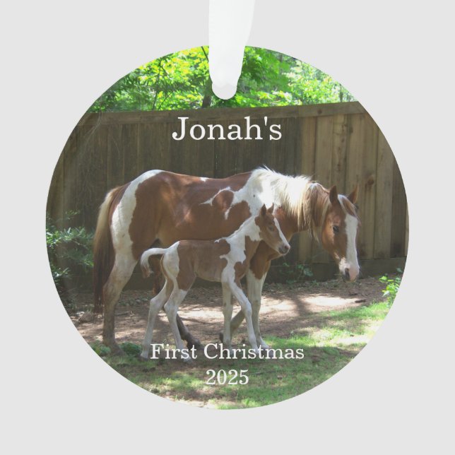 Ornement acrylique du 1er cheval de Noël du bébé (devant)