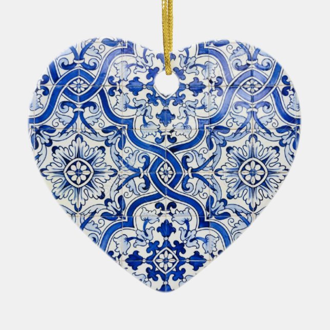 Ornement bleu de Noël de coeur d'Azulejo de (Devant)