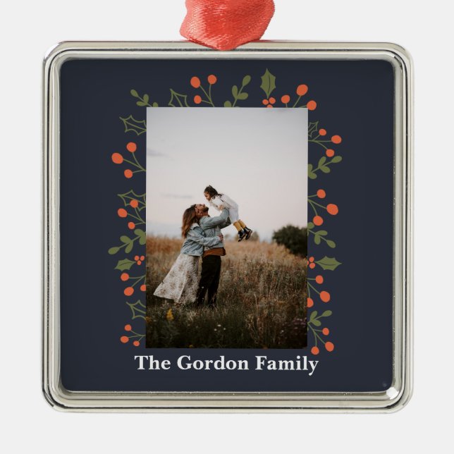 Ornement Carré Argenté 1 Photo Vacances Botaniques Holly Noël Moderne (Devant)