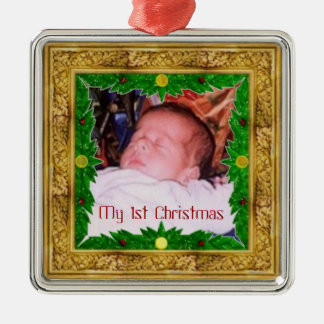 Ornement Carré Argenté 1er Noël du bébé