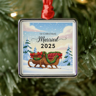 Ornement Carré Argenté 1er Noël Marié 2025 | Nouveau traîneau enneigé mig