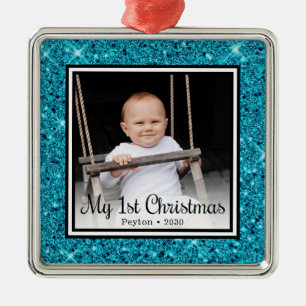 Ornement Carré Argenté 1ère photo de Noël du bébé