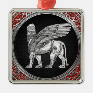 Ornement Carré Argenté [200] Lion assyrien ailli - Lamassu argenté