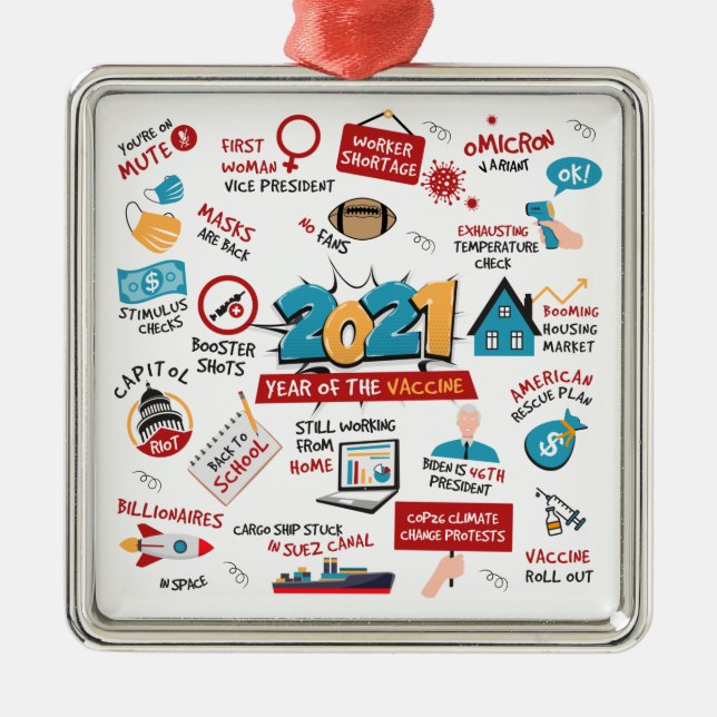 Ornement Carré Argenté 2021 Année du vaccin Événements Fêtes Arbre de Noë (Devant)