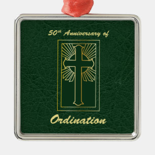 Ornement Carré Argenté 50e anniversaire d'ordination aspect cuir vert