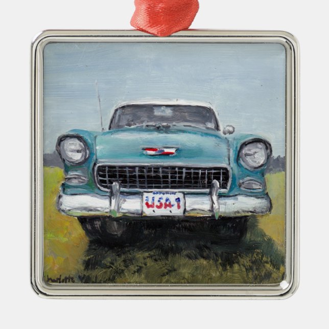 Ornement Carré Argenté '55 Chevy Car Art Ornament (Devant)