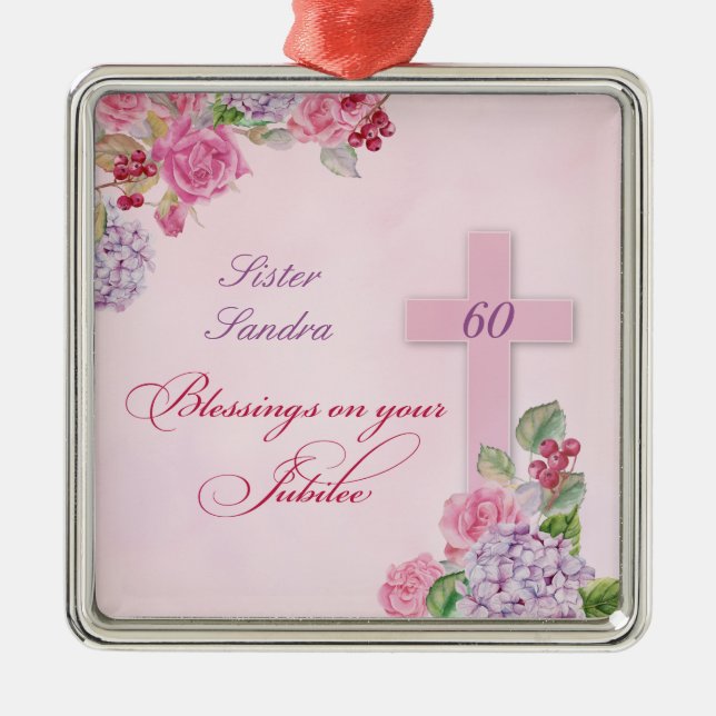 Ornement Carré Argenté 60e anniversaire de la vie religieuse Nonne cathol (Devant)