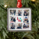 Ornement Carré Argenté 8-Photo Collage "Joyeux" Festive Vert et Rouge<br><div class="desc">Collage 8-Photo "Joyeux" Typographie Bleue d'hiver Design de Noël.</div>