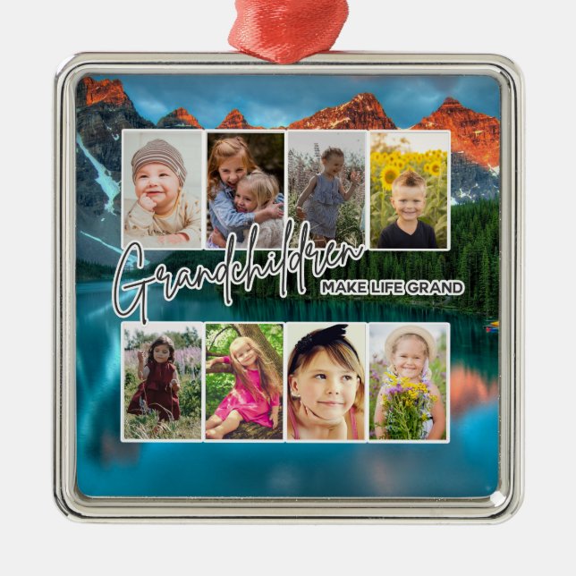 Ornement Carré Argenté 8 Photo "Les petits-enfants font la vie grand" (Devant)