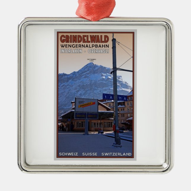 Ornement Carré Argenté À la station de train de Grindelwald (Devant)