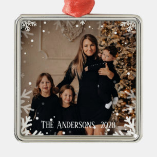 Ornement Carré Argenté Add Family Christmas Snow Photo Customized