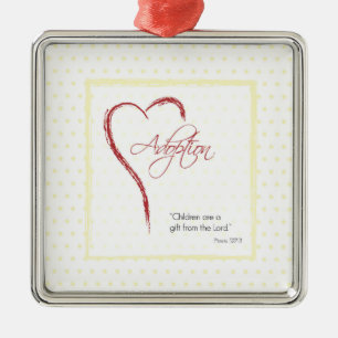 Ornement Carré Argenté Adoption, Religieux, Dots Jaunes avec Coeur Rouge