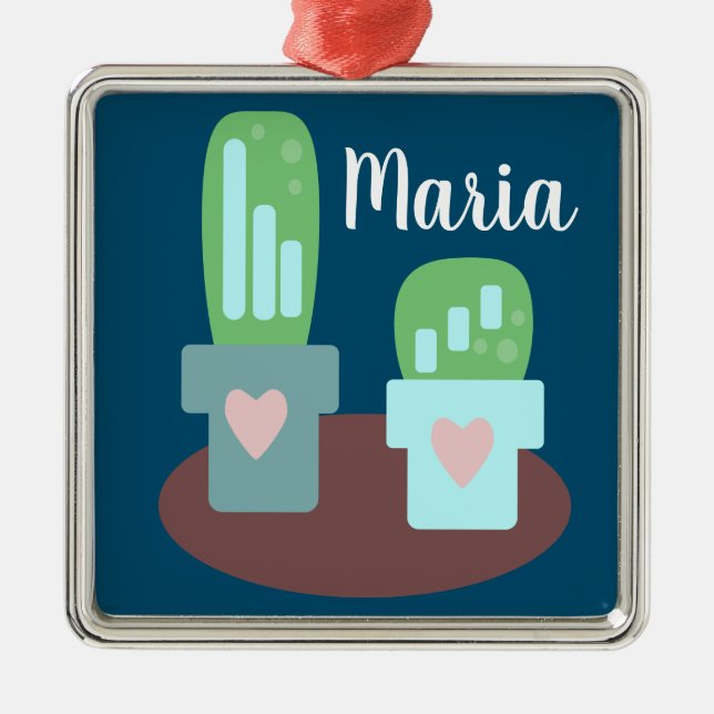 Ornement Carré Argenté Adorable Cactus Coeur Pots de Noël présent (Devant)