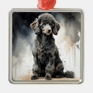 ORNEMENT CARRÉ ARGENTÉ ADORABLE CHIEN POODLE FRANÇAIS NOIR