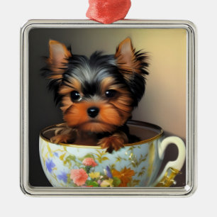 Ornement Carré Argenté Adorable Yorkie Dans Un Tea