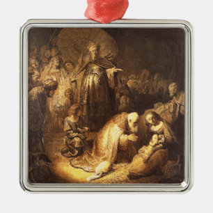 Ornement Carré Argenté Adoration de Rembrandt de l'ornement de Noël de