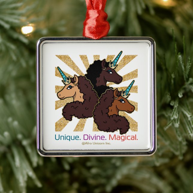 Ornement Carré Argenté Afro Unicorn Trio : Unique, Divine et Magique (Arbre)