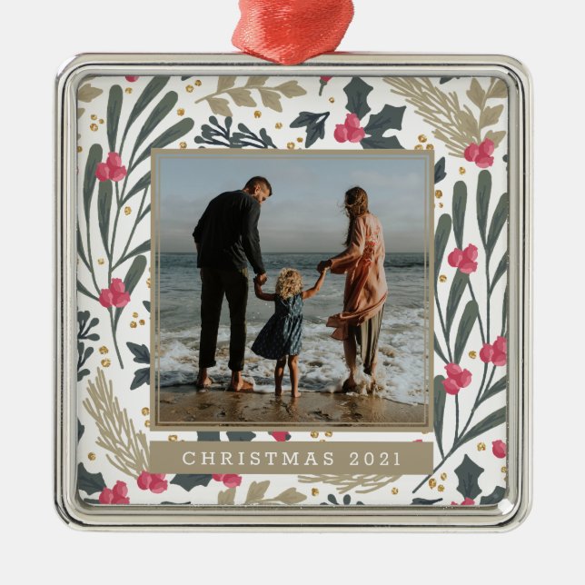 Ornement Carré Argenté Ajouter votre photo | Aquarelle Holly & Berries (Devant)