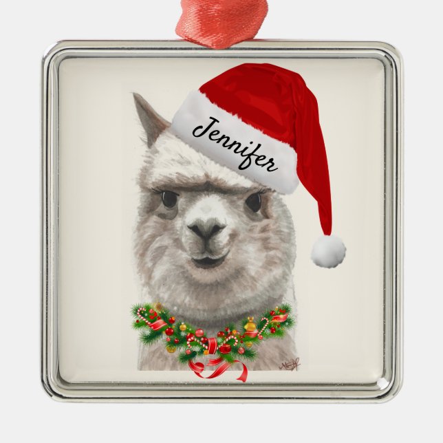 Ornement Carré Argenté Alpaca Smiles ADD NAME Llama Christmas Tree (Devant)