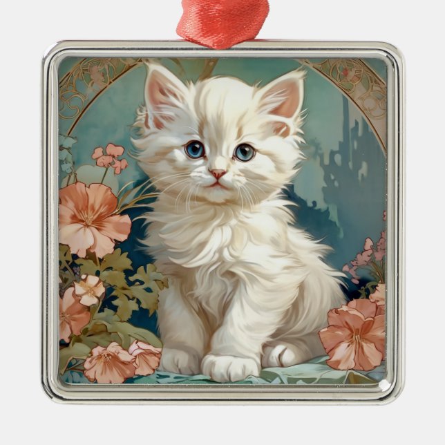 Ornement Carré Argenté Alphonse Mucha Style Chat blanc (Devant)