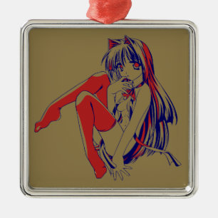 Ornement Carré Argenté Américain Manga Neko Catgirl Kawaii Anime