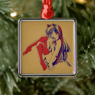 Ornement Carré Argenté Américain Manga Neko Catgirl Kawaii Anime