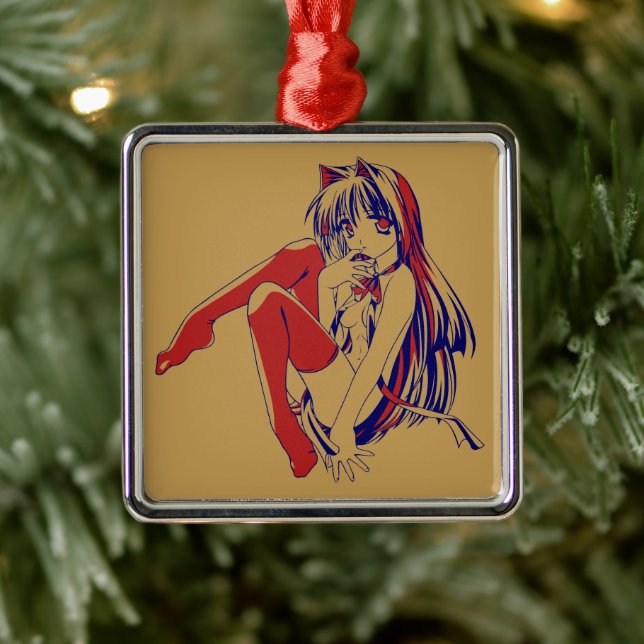 Ornement Carré Argenté Américain Manga Neko Catgirl Kawaii Anime (Arbre)