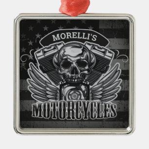 Ornement Carré Argenté American Biker AJOUTER LE NOM Skull V-Twin Motos