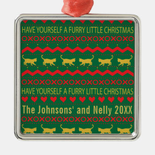 Ornement Carré Argenté Amusez-vous un petit chat de Noël