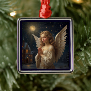 Ornement Carré Argenté Ange de Noël vintage Nuit étoilée