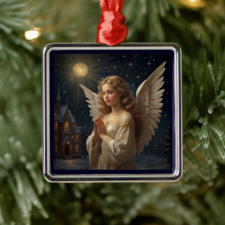 Ornement Carré Argenté Ange de Noël vintage Nuit étoilée