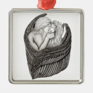 Ornement Carré Argenté Angels Kissing, noir et blanc Design