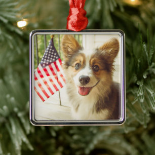 Ornement Carré Argenté Animaux de bébés cutest   American Flag Corgi