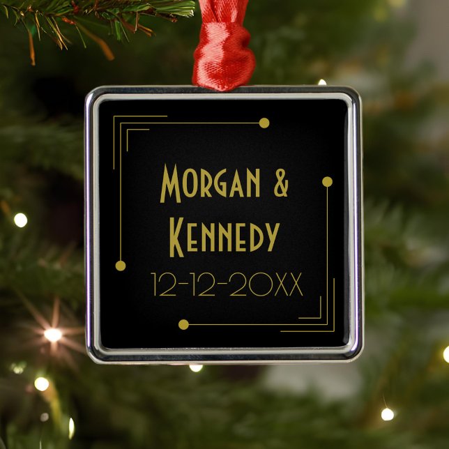 Ornement Carré Argenté Anniversaire Art déco Mariage des années 1920 (Add your name and wedding date to this Art Deco inspired metal ornament)