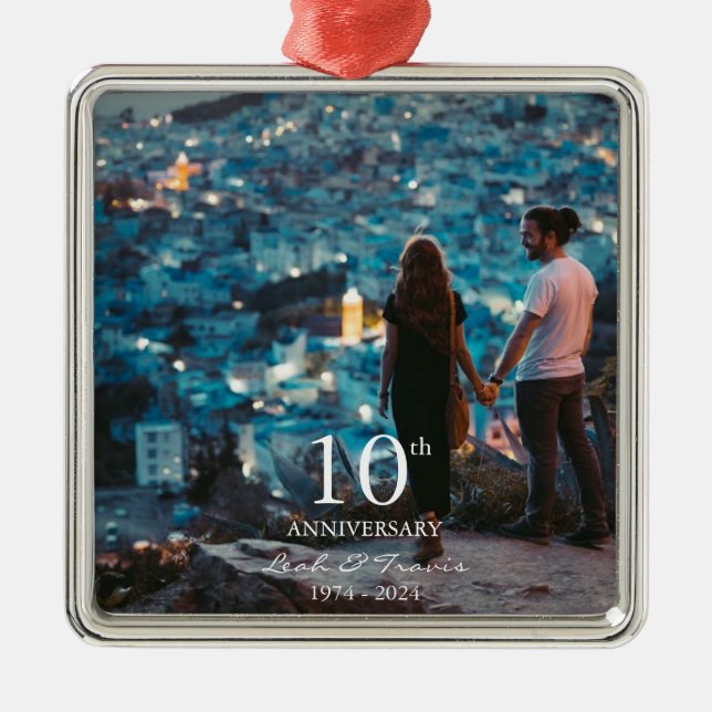 Ornement Carré Argenté Anniversaire personnalisé photo mariage chic polic (Devant)