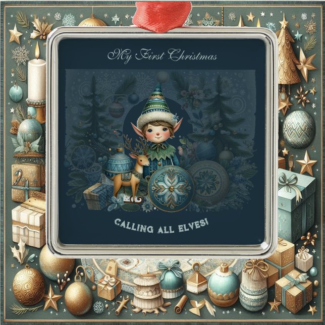 Ornement Carré Argenté Appel à tous les elfes Flugins de neige Mon premie (Calling All Elves Snowflakes My First Christmas Metal Ornament)